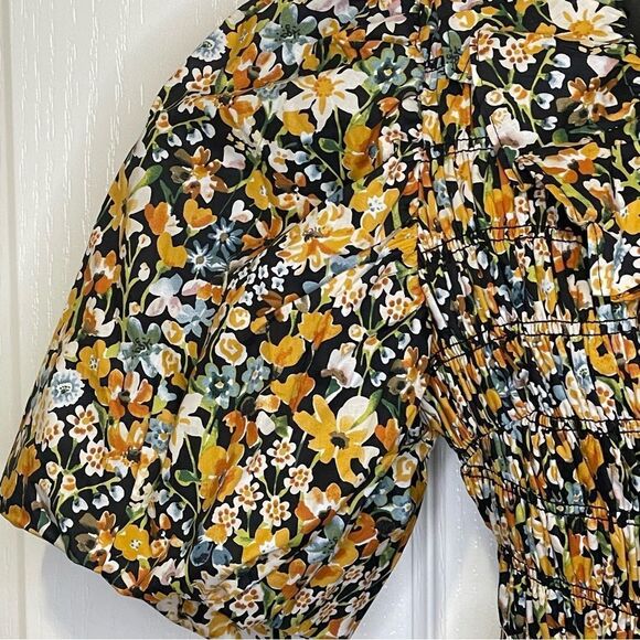 NWT ENGLISH FACTORY Plunge Smocked Cotton Floral Mini Dress Yellow Black Blue XS - Picture 4 of 16